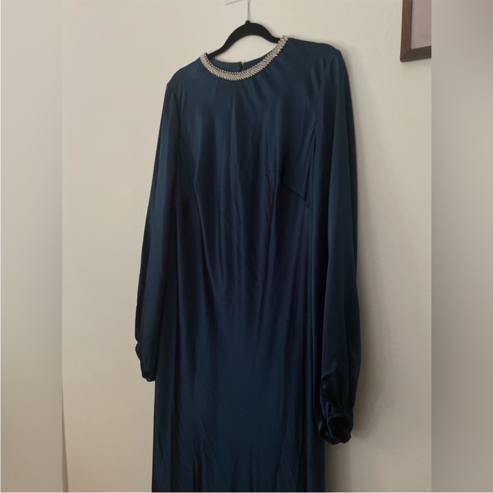 Mac Duggal Blue Beaded High Neck Bishop Sleeve Satin Gown - Picture 7 of 13